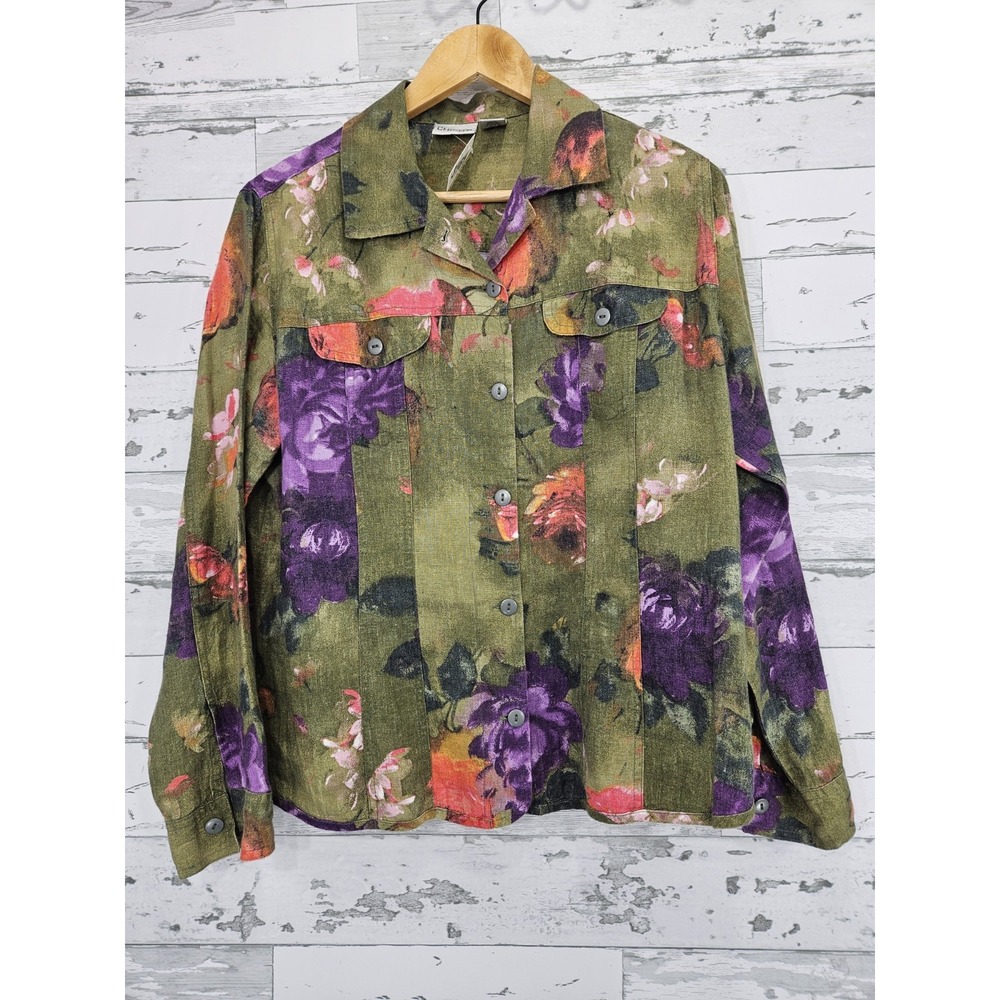 Chicos Womens 1 Medium Green Floral Linen Jacket